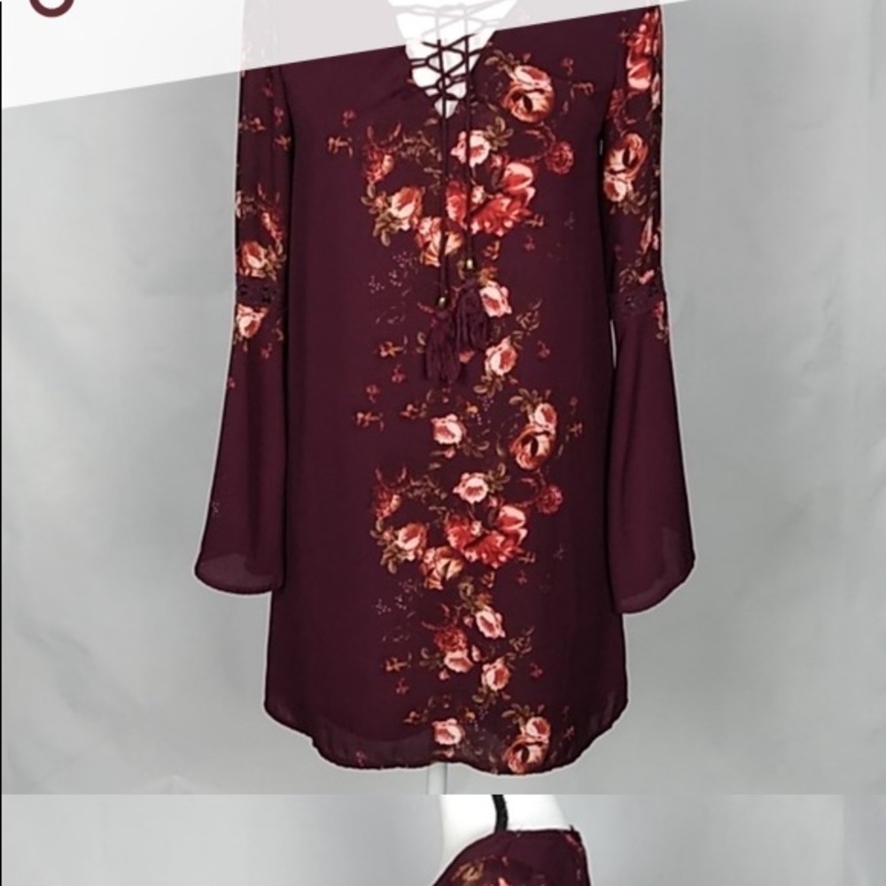 Boho Bell Sleeve Dress Maroon with flowers